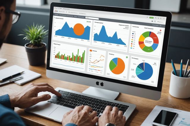 A digital dashboard displaying various analytics graphs and charts, with icons representing user engagement, email alerts, and data optimization tools