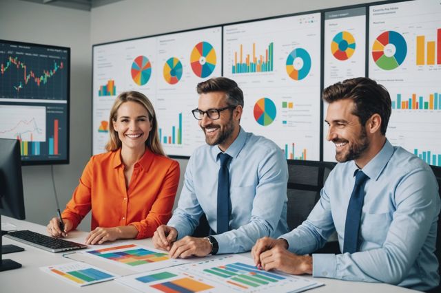 Smiling analysts viewing colorful data dashboards