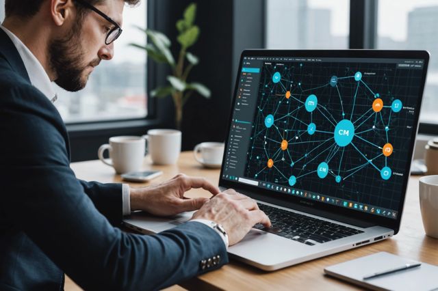 Developer configuring analytics on a laptop, integrating various data streams from CRM systems into a complex network visualization