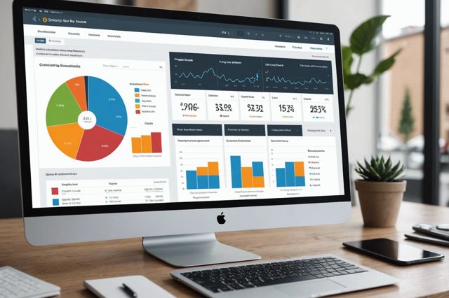 Online store dashboard displaying charts of shopping behaviors, product performance, and checkout processes with a background of digital code