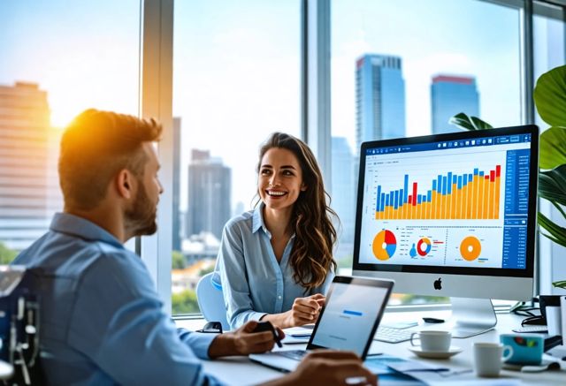 A bright office space filled with colorful charts and graphs on screens, two smiling professionals discussing data insights, with a large window showing a sunny cityscape outside