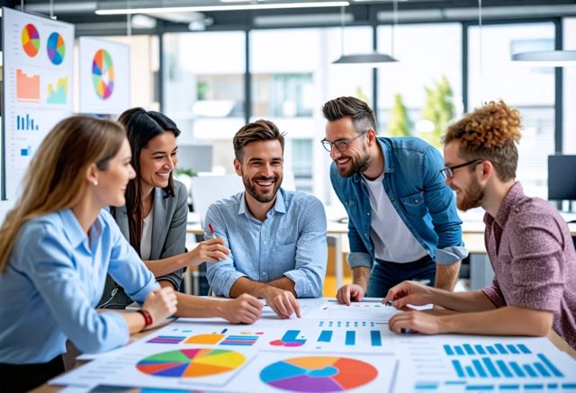 A bright and modern office space filled with colorful charts and analytics dashboards, with a diverse group of smiling professionals collaborating around a table, showcasing a positive and innovative atmosphere.