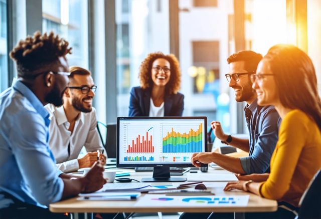 A vibrant office space filled with colorful charts and graphs on screens, a diverse group of professionals collaborating happily around a table, with sunlight streaming through large windows