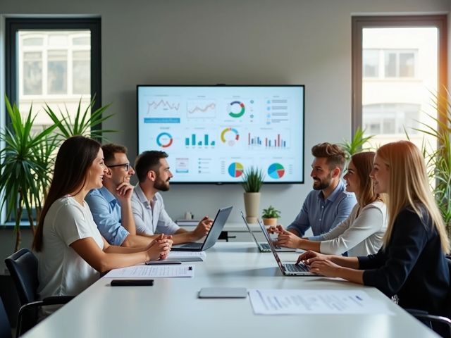 A bright and modern office space with charts and graphs on screens, a group of smiling professionals collaborating around a table, surrounded by plants and natural light