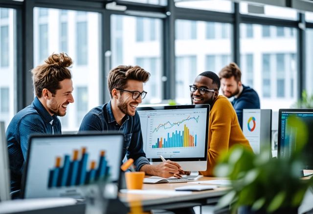 A bright office environment with diverse analysts working collaboratively at desks, surrounded by charts and data visualizations, all smiling and engaged in their work