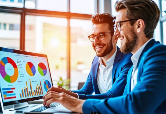 A vibrant office space with colorful charts and graphs displayed on screens, two smiling analysts discussing insights over a laptop, bright natural light coming through large windows