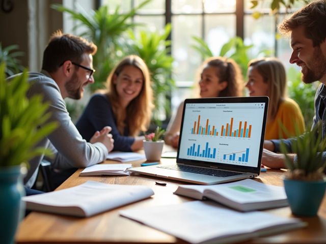 A colorful and vibrant workspace with a laptop displaying analytics graphs, surrounded by cheerful people discussing insights, with plants and natural light creating a positive atmosphere